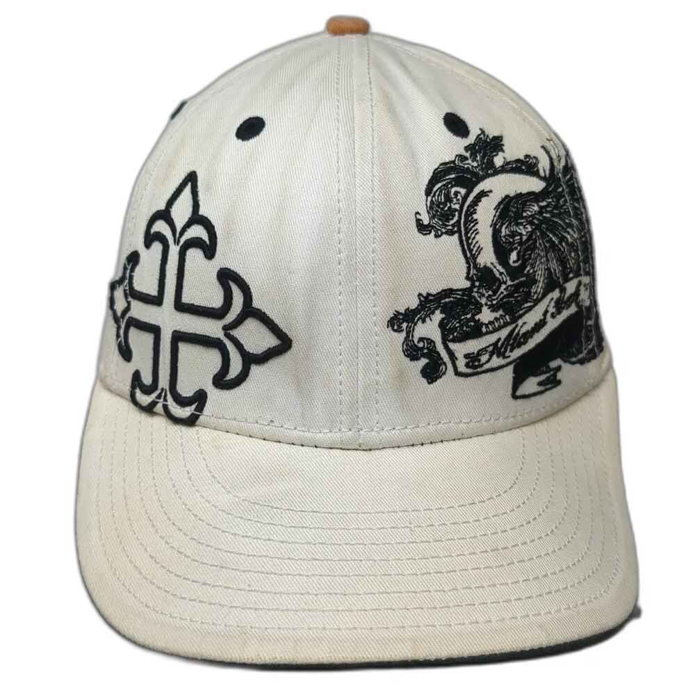 Miami Ink Baseball Cap White M Tattoo Skull Fleur de Lis Cross Stretch Fit Hat